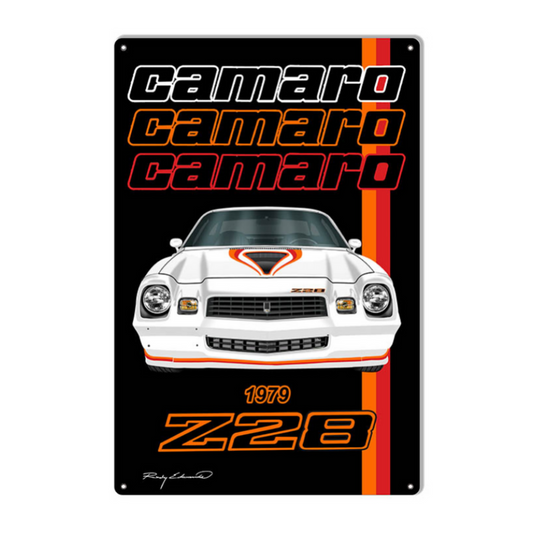 1979 Chevrolet Camaro Z28 Series metal sign by Rudy Edwards featuring a white Camaro Z28 with black, orange, red, and metallic graphics.