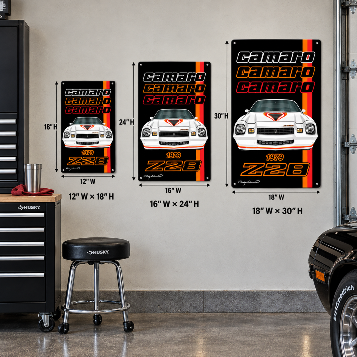1979 Chevrolet Camaro Z28 Series metal signs shown in 12"W × 18"H, 16"W × 24"H, and 18"W × 30"H sizes for comparison.