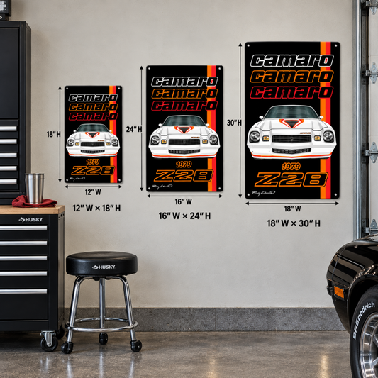 1979 Chevrolet Camaro Z28 Series metal signs shown in 12"W × 18"H, 16"W × 24"H, and 18"W × 30"H sizes for comparison.