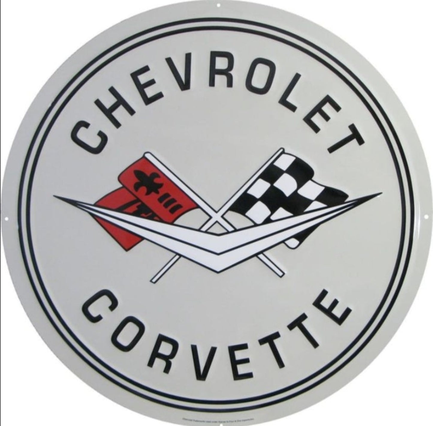1st Generation Chevrolet Corvette embossed round aluminum sign featuring the classic crossed-flags emblem, representing 1958–1961 models, available in 12 inch and 24 inch diameter.