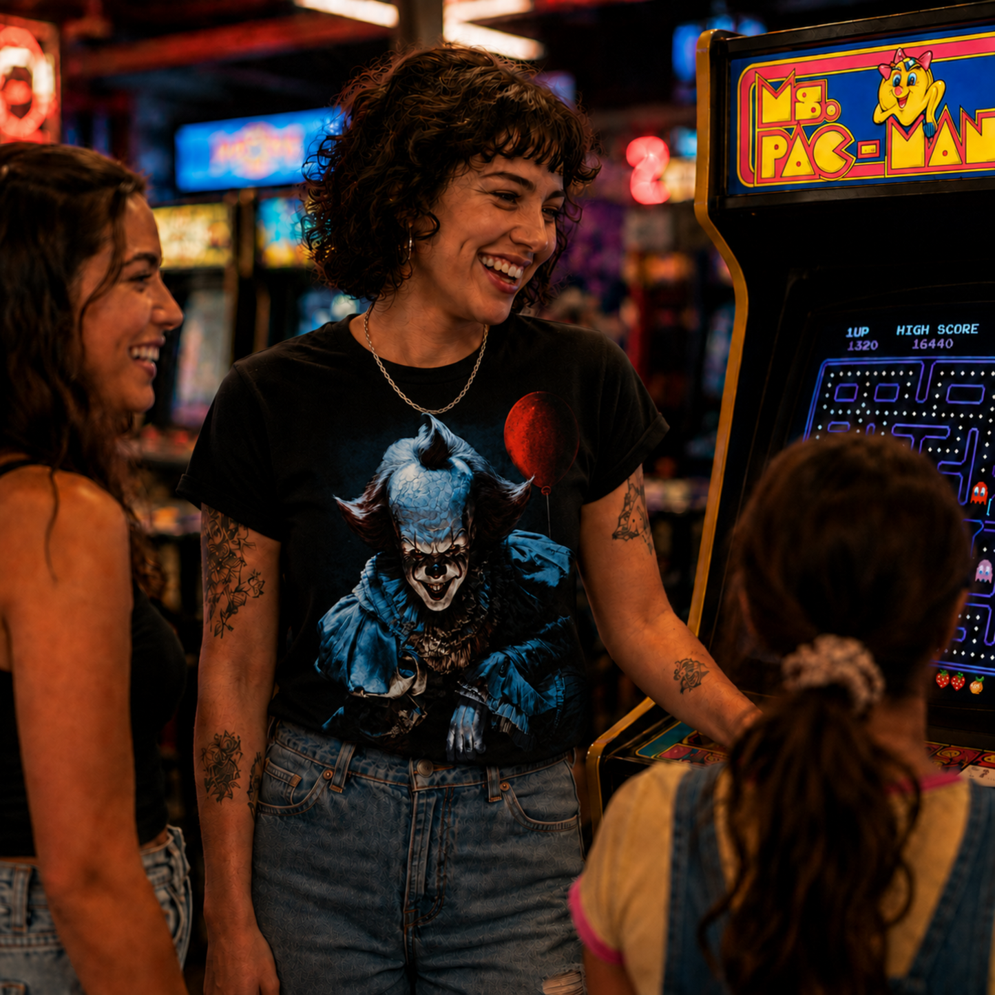 2017 Pennywise IT black graphic T-shirt worn in an arcade, showing off the dark blue-toned Pennywise and red balloon artwork for horror fans.