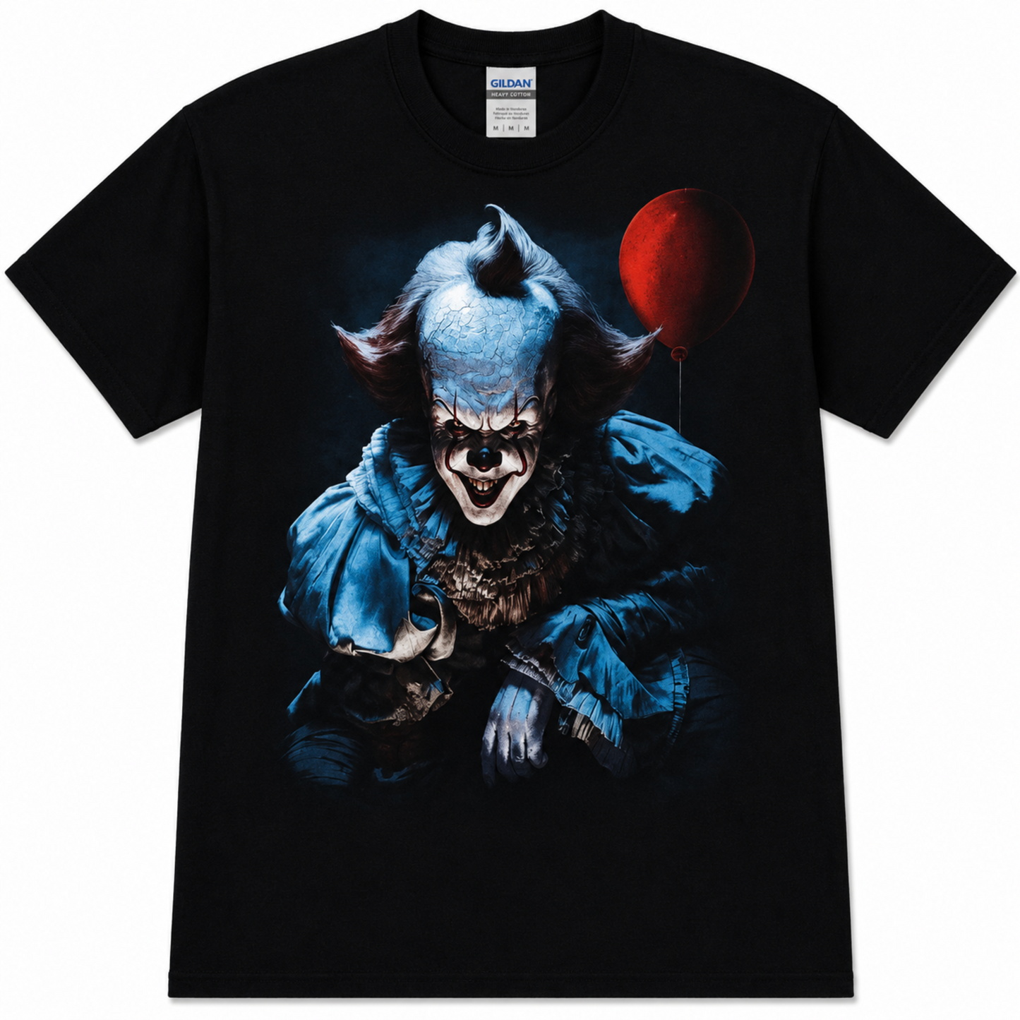 2017 Pennywise IT black horror graphic T-shirt featuring the modern Pennywise clown with cold blue tones and red balloon—a standout tee for IT fans.