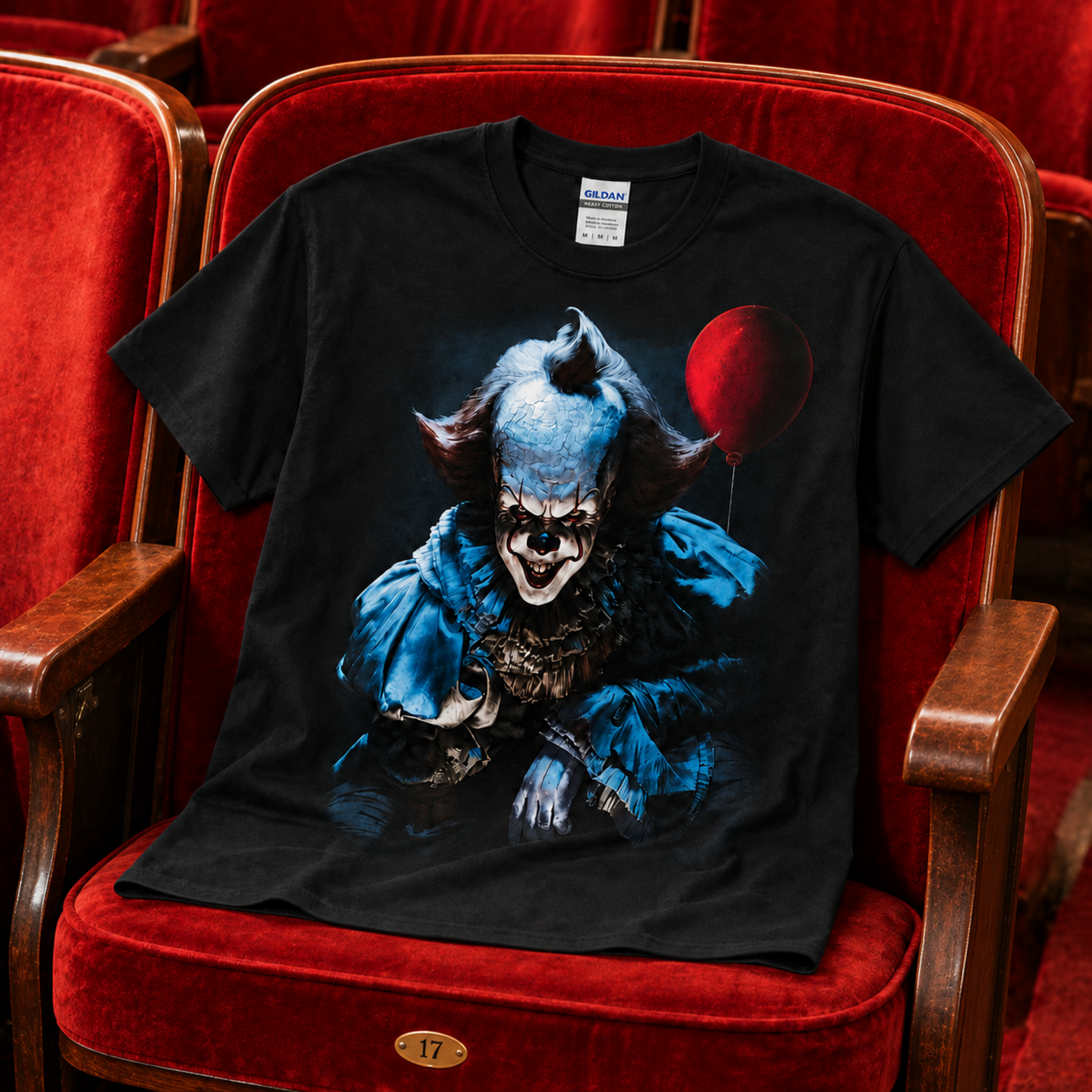 2017 Pennywise IT black graphic T-shirt displayed on a red theater seat, highlighting the sinister Pennywise portrait and red balloon artwork.
