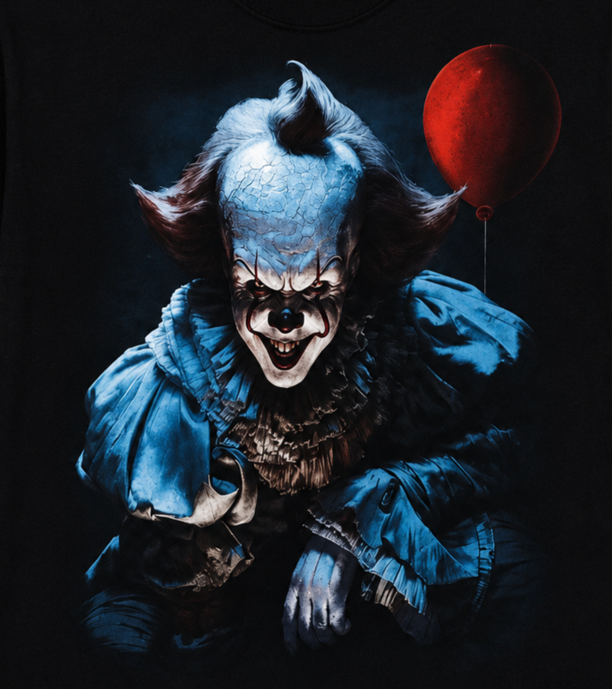 Close-up of the 2017 Pennywise IT graphic featuring his unsettling stare, cold blue tones and red balloon—a striking horror design for modern Pennywise fans.