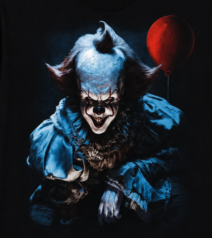 Close-up of the 2017 Pennywise IT graphic featuring his unsettling stare, cold blue tones and red balloon—a striking horror design for modern Pennywise fans.
