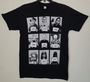 new horror most wanted mugshots mens silkscreen t-shirt available from small-2xl women unisex horror men movie scream it pennywise exorcist ring apparel adult chucky shirts tops