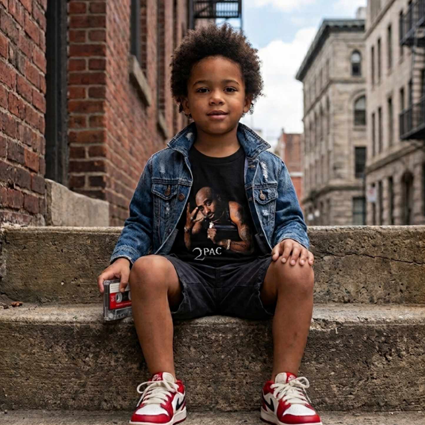 Boy wearing the 2Pac – All Eyez on Me youth T-shirt in an urban outdoor setting