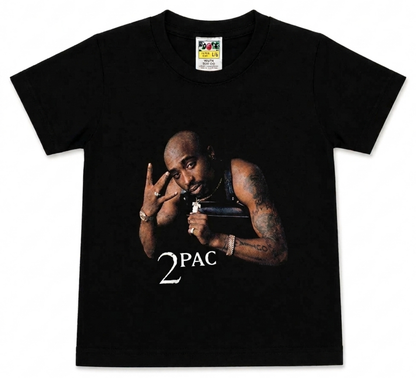 Front view of 2Pac – All Eyez on Me youth T-shirt featuring the iconic 1996 album artwork and 2PAC logo on a black tee