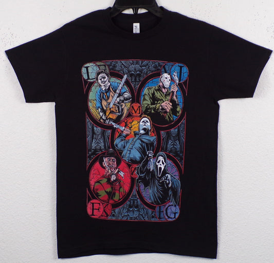 T-shirt featuring the "Horror 5 Guy Slasher Team" design, showcasing Michael Myers, Leatherface, Jason Voorhees, Ghostface, and Freddy Krueger in a fun, mashup style. The unisex shirt is made from soft 100% cotton, with a relaxed fit and durable, preshrunk fabric. Available in sizes Small-2XL.