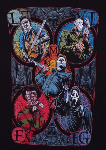 T-shirt featuring the "Horror 5 Guy Slasher Team" design, showcasing Michael Myers, Leatherface, Jason Voorhees, Ghostface, and Freddy Krueger in a fun, mashup style. The unisex shirt is made from soft 100% cotton, with a relaxed fit and durable, preshrunk fabric. Available in sizes Small-2XL.