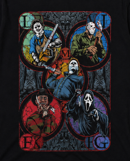 5 Slasher Horror Icons graphic T-shirt with Michael Myers Jason Freddy Ghostface Leatherface stained glass collage unisex sizes S–3XL