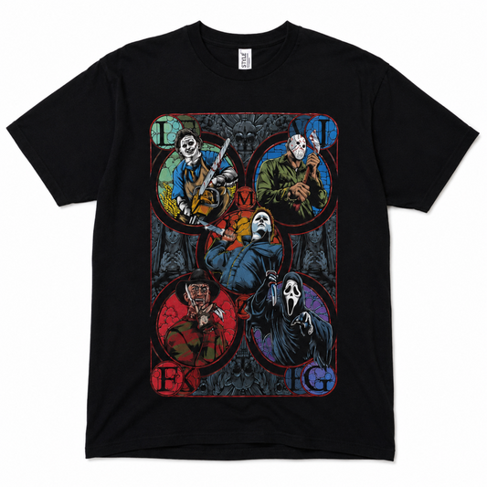 5 Slasher Horror Icons graphic T-shirt with Michael Myers Jason Freddy Ghostface Leatherface stained glass collage unisex sizes S–3XL