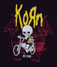 Load image into Gallery viewer, new korn kid skeleton on bike unisex silkscreen t-shirt available from small-3xl women men unisex music metal apparel adult shirts tops
