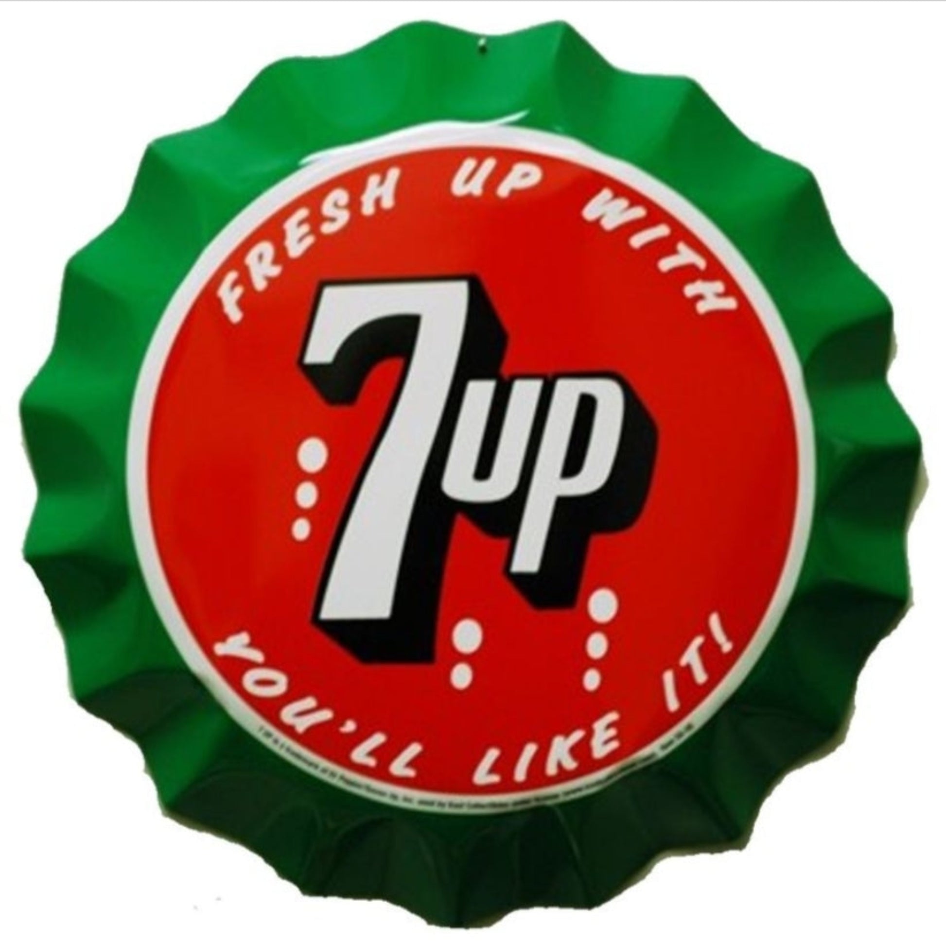 7UP bottle cap embossed aluminum sign featuring classic green and red branding, 12 inch diameter.