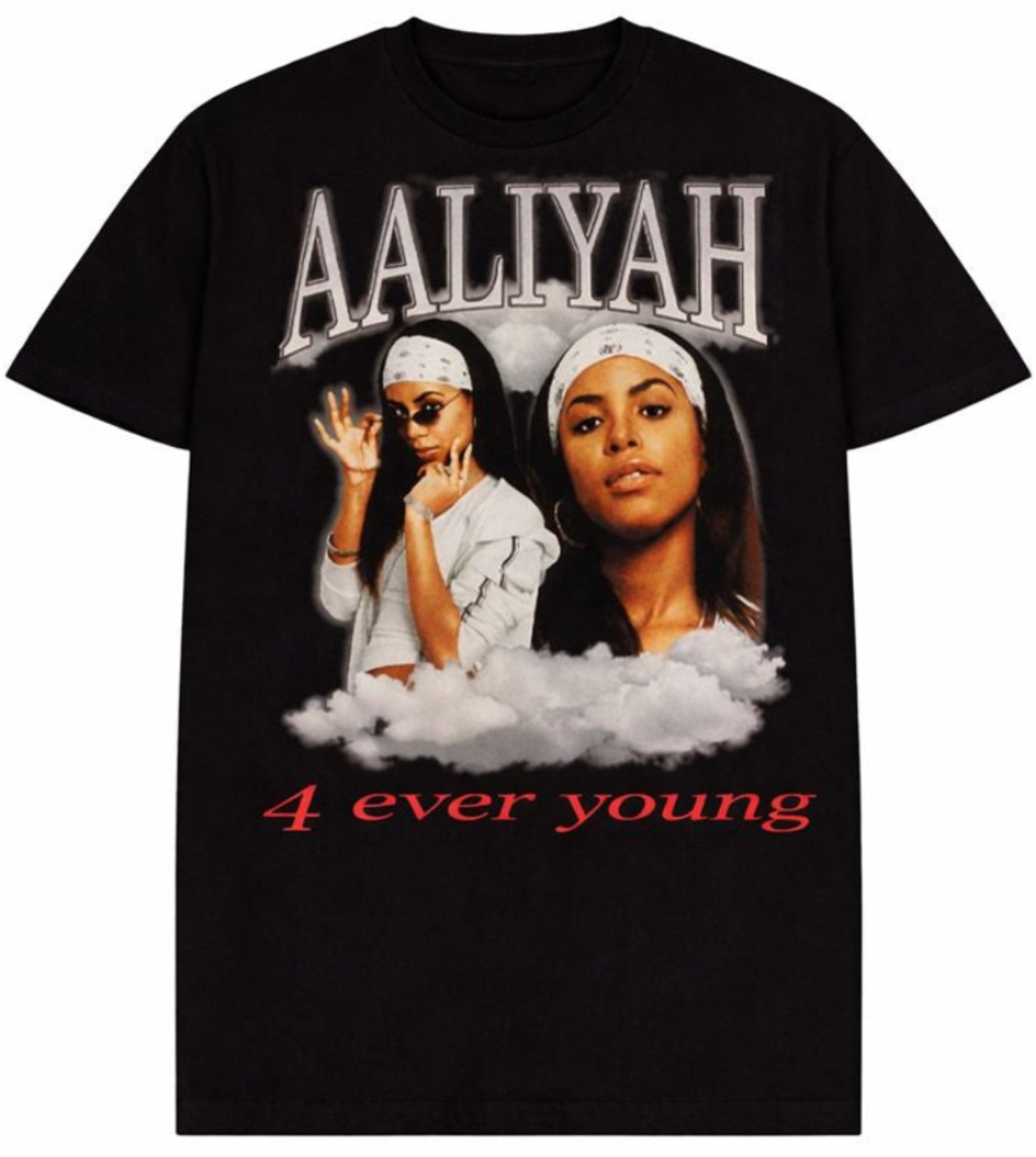 Black “Aaliyah – 4 Ever Young” unisex T-shirt featuring two portraits of Aaliyah with gray clouds and red lettering, Small–3XL.
