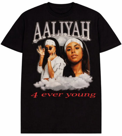 Black “Aaliyah – 4 Ever Young” unisex T-shirt featuring two portraits of Aaliyah with gray clouds and red lettering, Small–3XL.