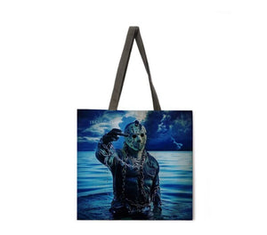 New "Jason Voorhees Coming Out Of Water" Canvas Tote Bags. Image Is Printed On Both Sides.