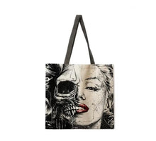 Load image into Gallery viewer, New &quot;Marilyn Monroe Half Skull&quot; Canvas Tote Bags. Image Is Printed On Both Sides.
