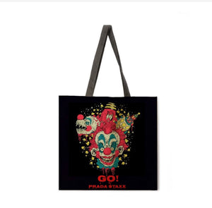 New "Killer Klowns Go Prada Staxx' Canvas Tote Bags. Canvas Tote Bags. Image Is Printed On Both Sides.