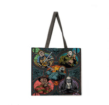 Load image into Gallery viewer, New &quot;5 Circle Horror Characters&quot; Canvas Tote Bags. Image Is Printed On Both Sides.
