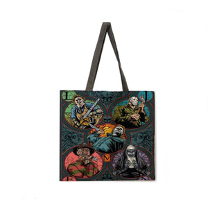 New "5 Circle Horror Characters" Canvas Tote Bags. Image Is Printed On Both Sides.