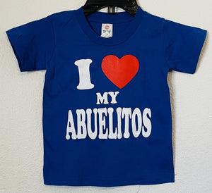 New "I Love My Abuelitos" Youth Silkscreen T-Shirt. Available In XS-XL Youth.