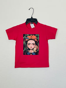 New "Frida Kahlo As A Kid With Monkey" Youth Silkscreen T-Shirt. Available From XS-XL Youth.