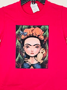 New "Frida Kahlo As A Kid With Monkey" Youth Silkscreen T-Shirt. Available From XS-XL Youth.