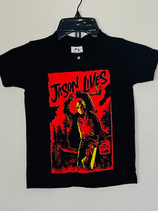 New "Jason Lives" Youth Silkscreen Horror T-Shirt. Available In XS-XL Youth.