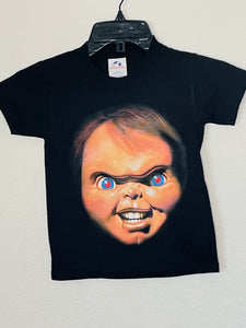 New "Chucky Face Up Close" Youth Horror Silkscreen T-Shirt. Available In XS-XL Youth.