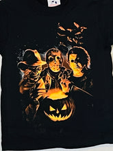 Load image into Gallery viewer, New &quot;Campfire Trio Michael, Freddy &amp; Jason&quot; Youth Silkscreen Horror Shirt. Available In XS-XL Youth.
