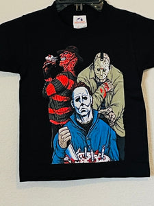 New "Michael Myers, Freddy Krueger & Jason Voorhees" Youth Silkscreen Horror T-Shirt. Available In XS-XL Youth.