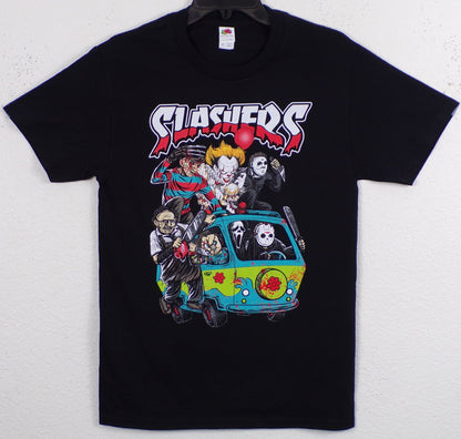 Front view of slasher horror Mystery Machine graphic T-shirt featuring Freddy Krueger, Jason, Pennywise, Chucky and other horror icons in cartoon van scene printed in authentic silkscreen on black cotton tee