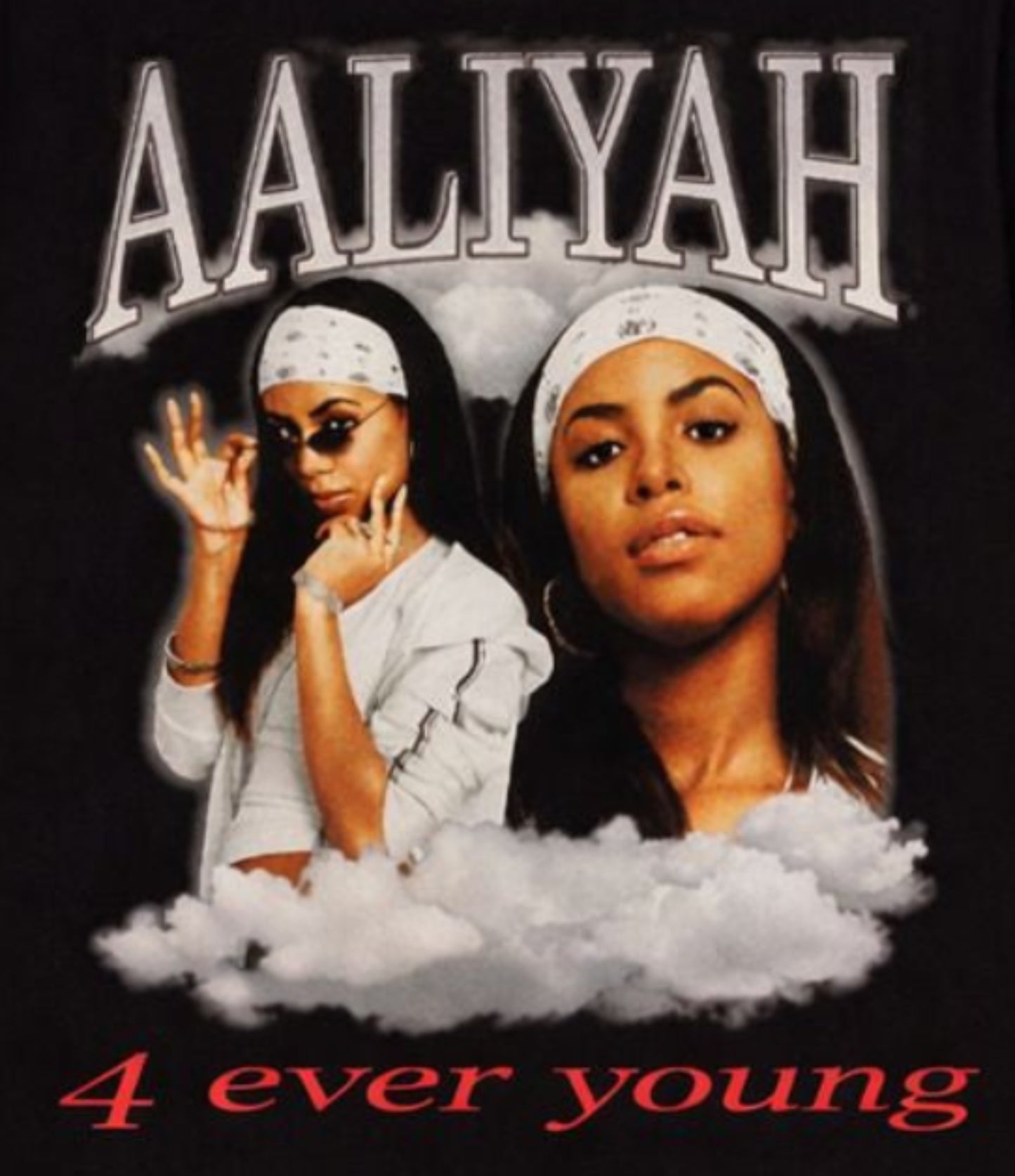 Black “Aaliyah – 4 Ever Young” unisex T-shirt featuring two portraits of Aaliyah with gray clouds and red lettering, Small–3XL.