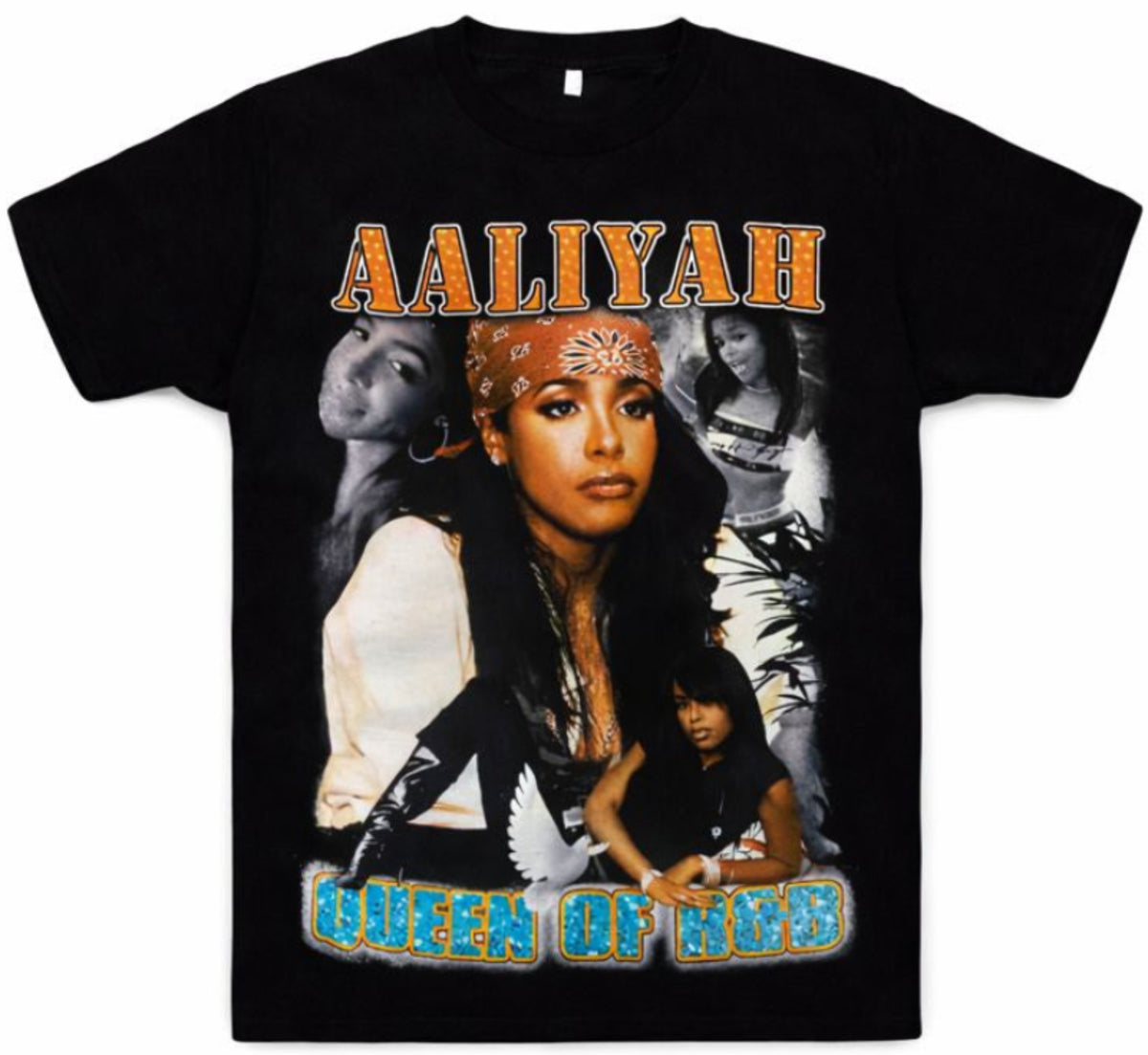 Black “Aaliyah – Queen of R&B” unisex T-shirt featuring a collage of Aaliyah portraits with blue and orange accents, Small–3XL.