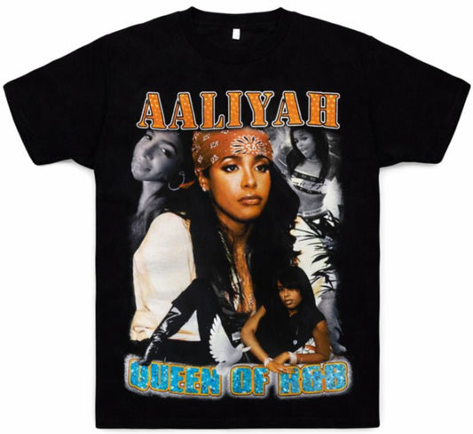 Black “Aaliyah – Queen of R&B” unisex T-shirt featuring a collage of Aaliyah portraits with blue and orange accents, Small–3XL.