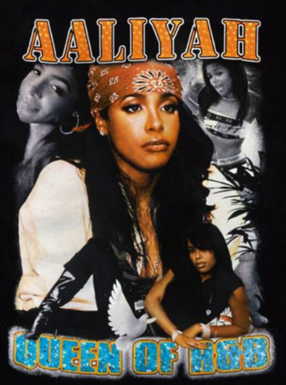 Black “Aaliyah – Queen of R&B” unisex T-shirt featuring a collage of Aaliyah portraits with blue and orange accents, Small–3XL.