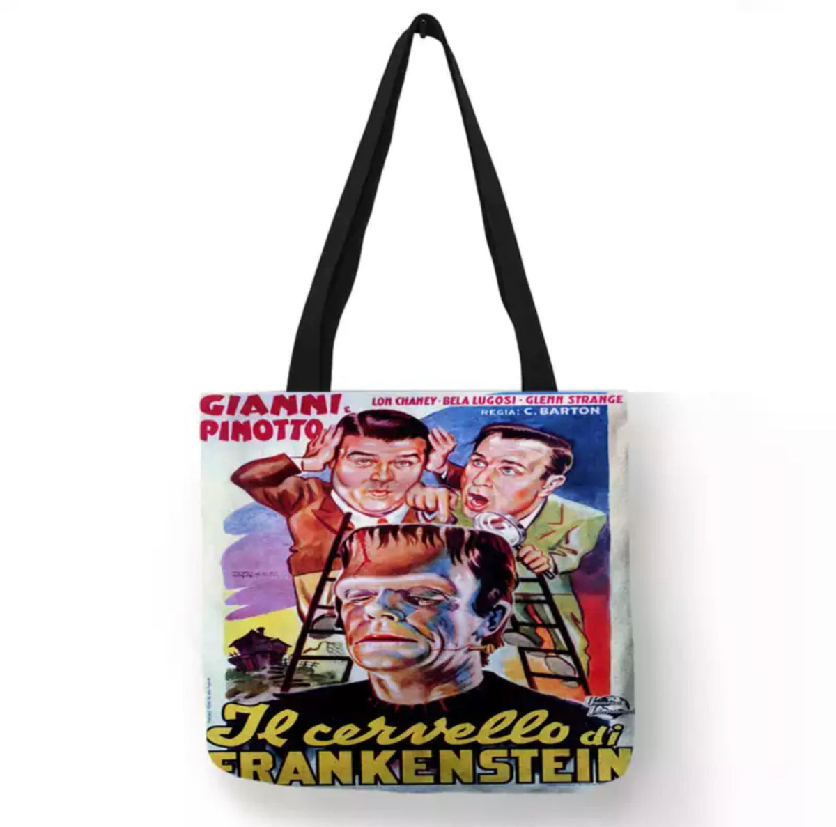 Cream off-white Abbott and Costello Meet Frankenstein double-sided canvas tote bag featuring colorful Italian theatrical artwork with Bud Abbott, Lou Costello, Frankenstein's Monster, and Il cervello di Frankenstein lettering.