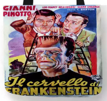 Close-up of Abbott and Costello Meet Frankenstein Italian theatrical artwork featuring the comedy duo, Frankenstein's Monster, colorful character illustrations, and Il cervello di Frankenstein title lettering.
