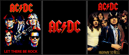 AC/DC 3D lenticular poster featuring Let There Be Rock artwork, classic logo, and Highway to Hell album cover, 16 inch by 12 inch rock wall art