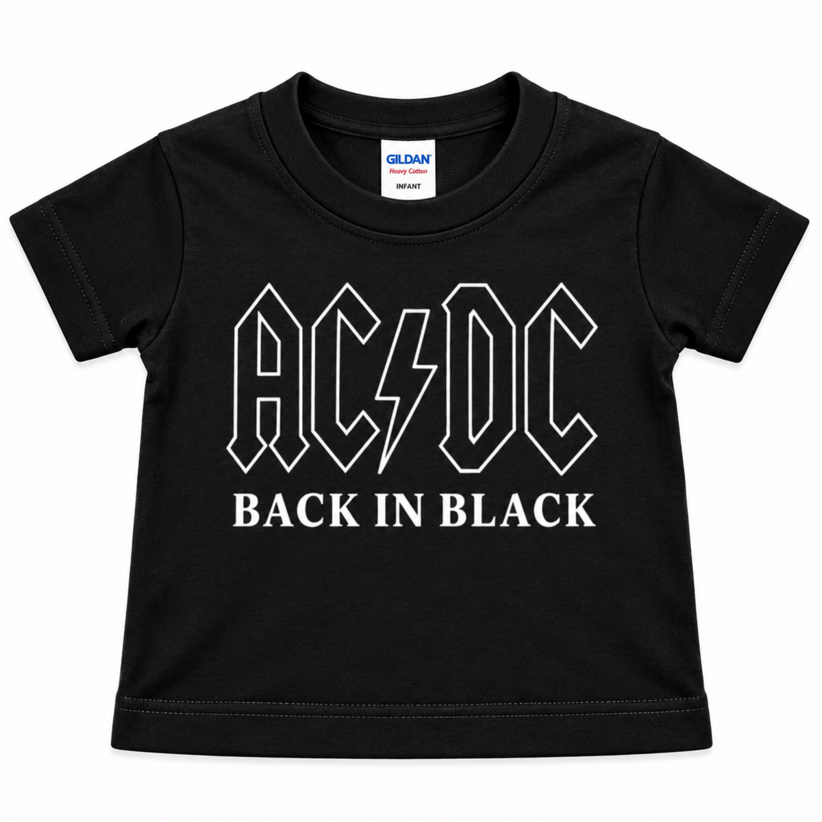 AC/DC Back in Black black infant graphic T-shirt with the classic white outlined AC/DC logo, available in sizes 6M-24M.