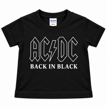 AC/DC Back in Black black infant graphic T-shirt with the classic white outlined AC/DC logo, available in sizes 6M-24M.