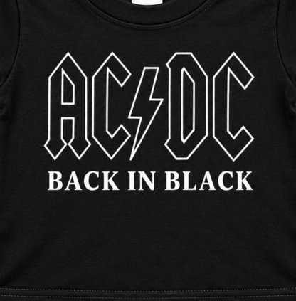 Close-up of the AC/DC Back in Black white outlined logo design on the black infant graphic T-shirt.