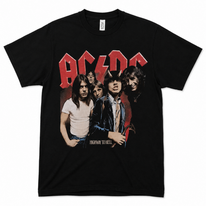 AC/DC Highway to Hell album graphic T-shirt with band members and red logo design unisex sizes S–2XL