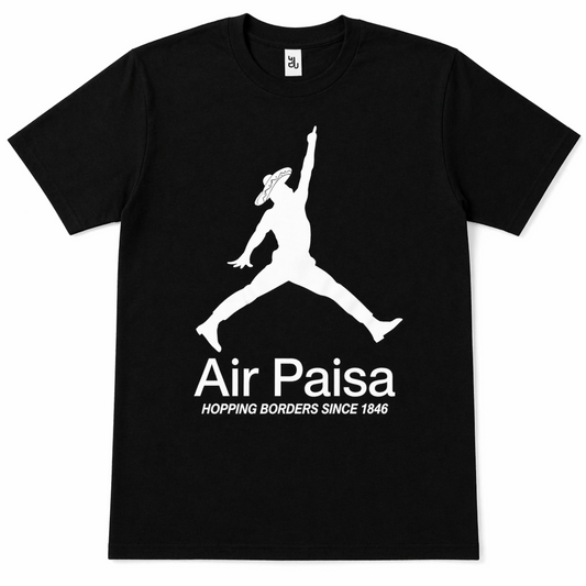 Air Paisa Hopping Borders Since 1846 graphic T-shirt with jumping silhouette parody logo unisex apparel sizes S–2XL