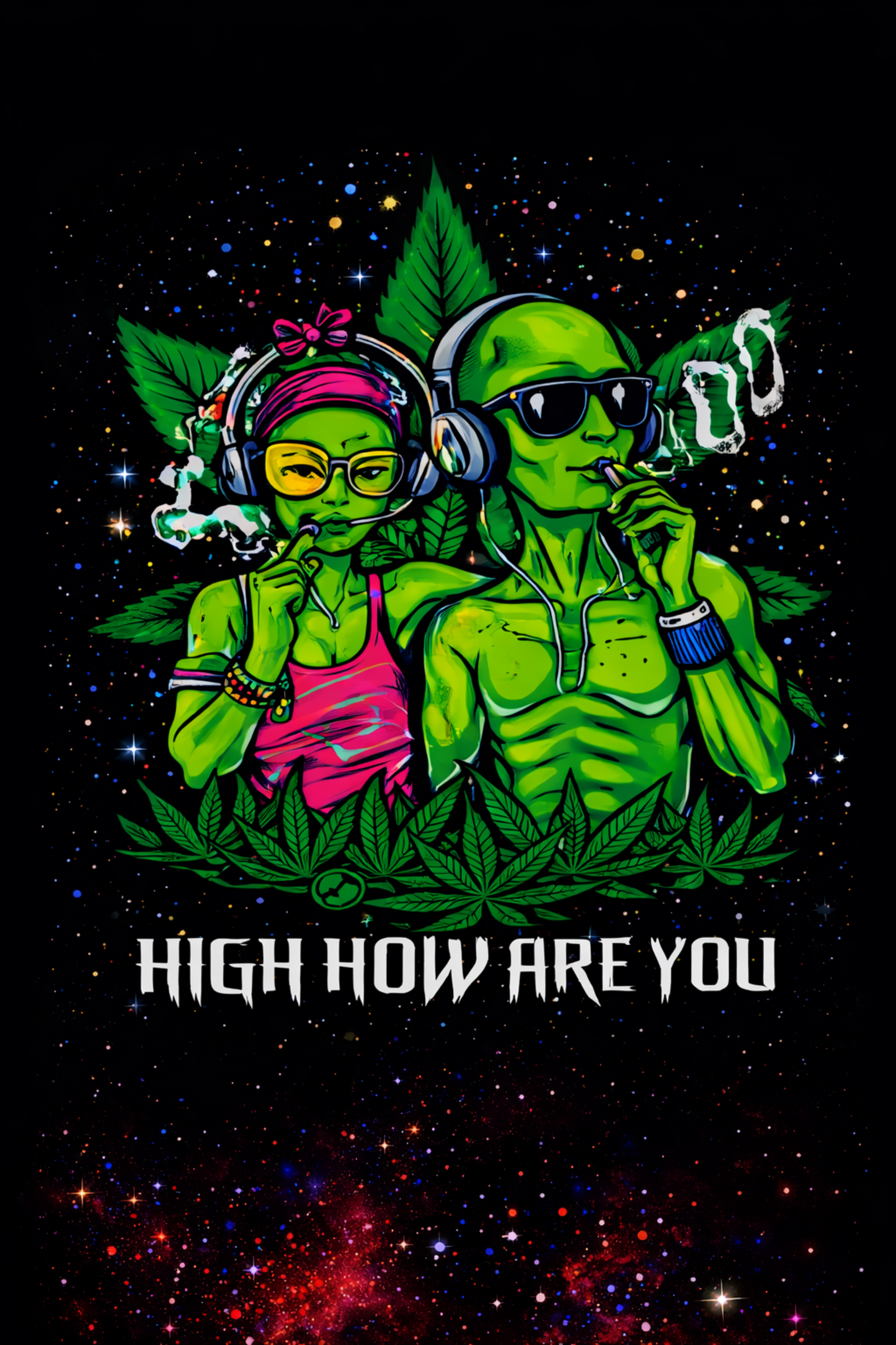 Colorful alien characters with headphones surrounded by leaves and cosmic background