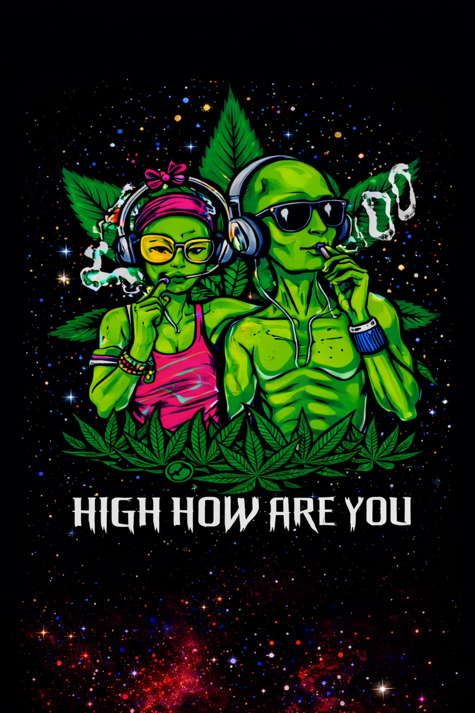 Colorful alien characters with headphones surrounded by leaves and cosmic background