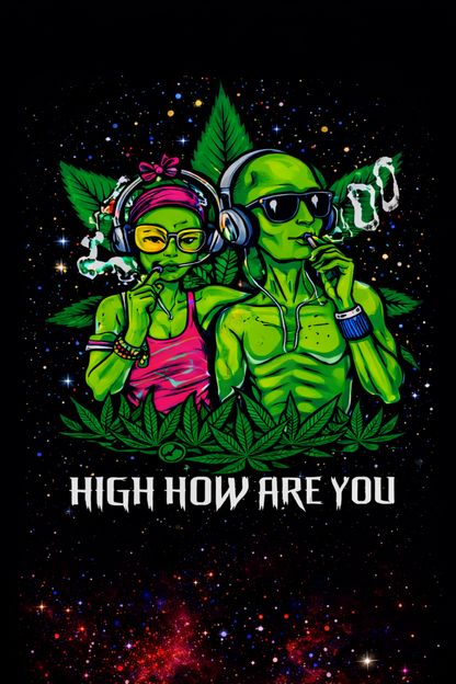 Colorful alien characters with headphones surrounded by leaves and cosmic background