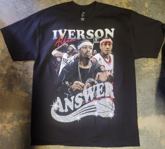 Black “Allen Iverson – The Answer” T-shirt featuring a collage of Iverson with a glitter-style logo and bold basketball tribute design.