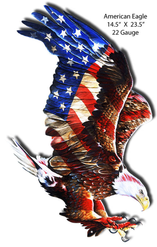 Laser-cut metal sign featuring a bald eagle with American flag wings, symbolizing freedom and patriotism.